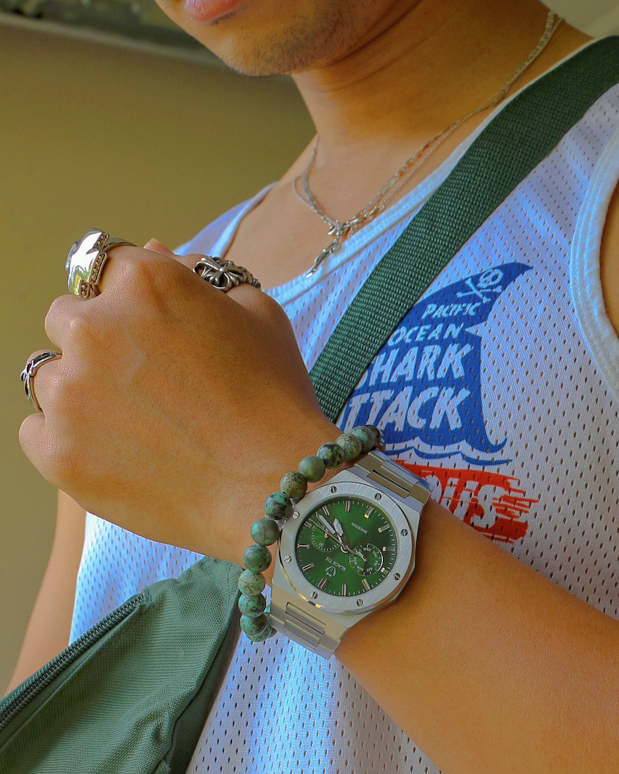 silver steel green chronograph watch for men