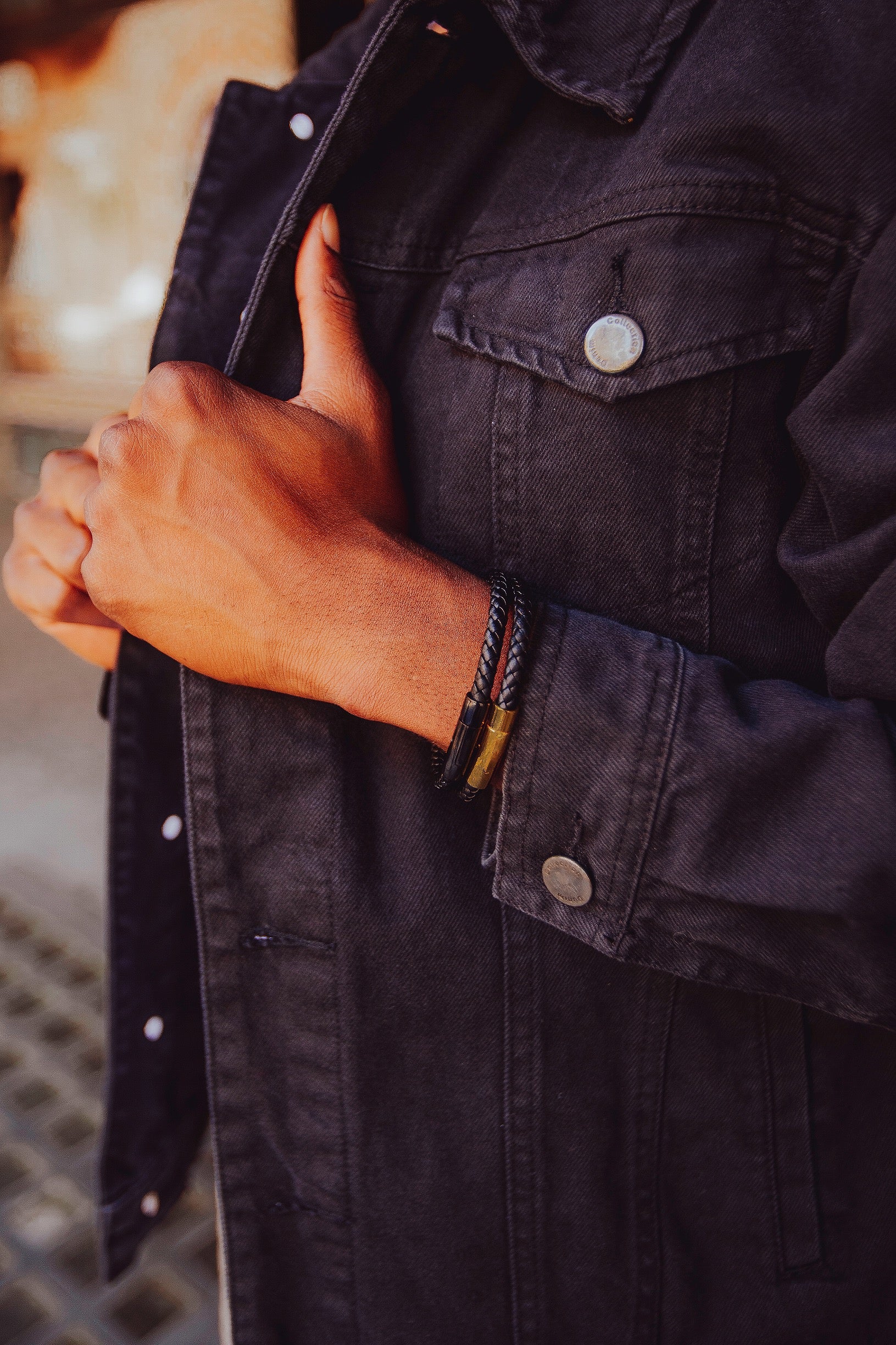 Gold leather black mens bracelet