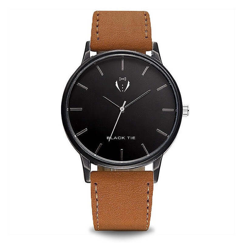 Minimalist brown black leather mens watch